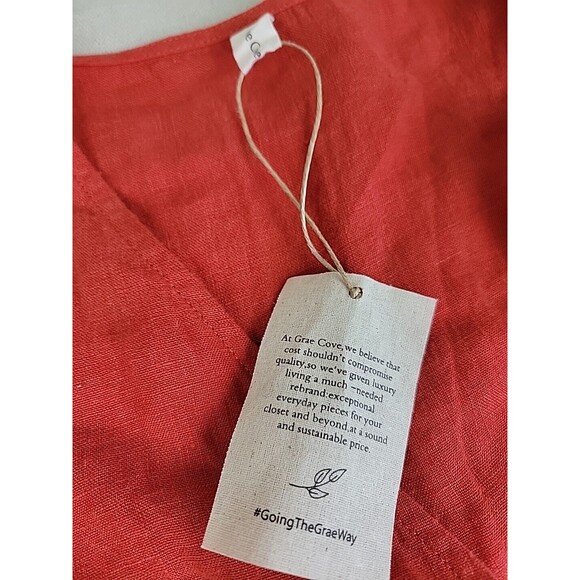 Grae Cove Linen Dress M Orange Wrap Tie Pockets V Neck Praire Cottagecore NEW - Picture 3 of 13